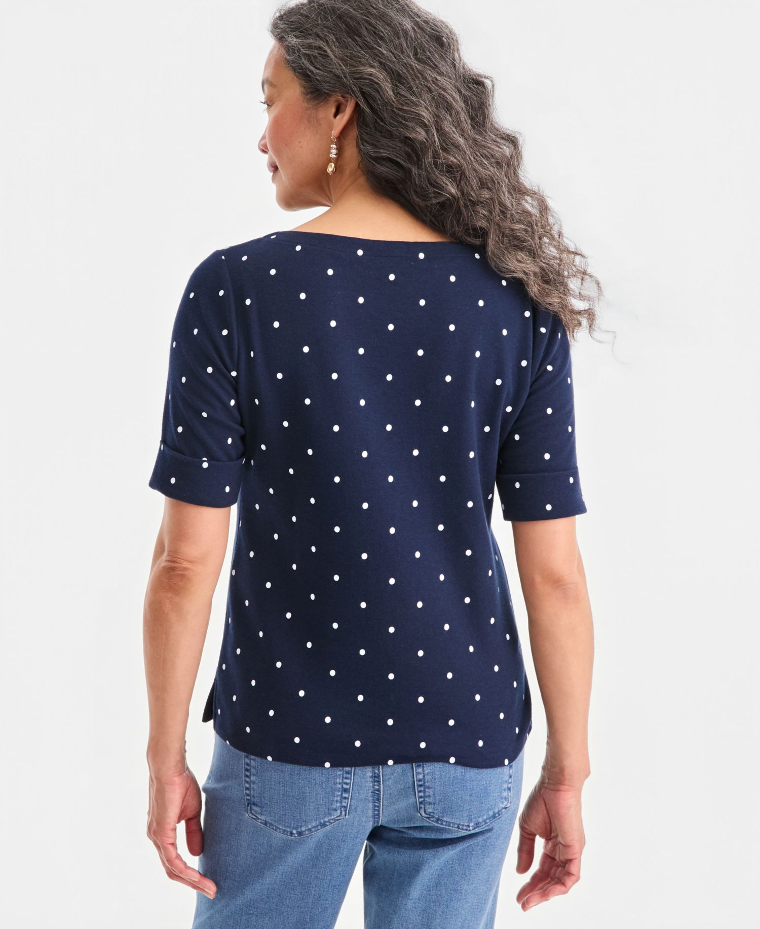Petite Elbow-Sleeve Boat Neck Knit Dot Top