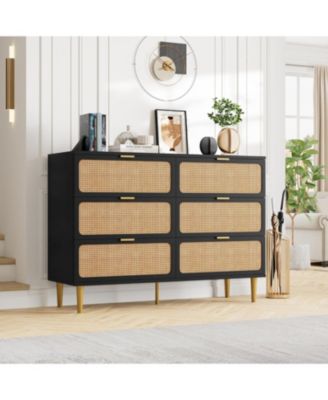 Rattan 6 Drawer Dresser for Bedroom, Long Double Chest with Deep Drawers and Wide Top for Living Room or Kids Room