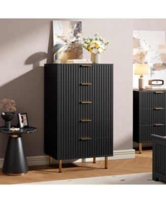 Fluted 5 Drawer Storage Dresser, Tall Chest with Deep Drawers and Wide Top, Wooden Organizer for Living Room or Kids Room