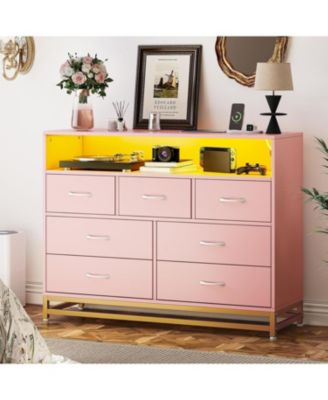 7-Drawer Dresser for Bedroom, Long Wooden Chest with LED Light, Wide Storage Cabinet for Living Room, Hallway or Closet