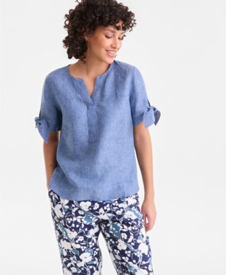 Petite 100% Linen Split-Neck Tie Sleeve Top