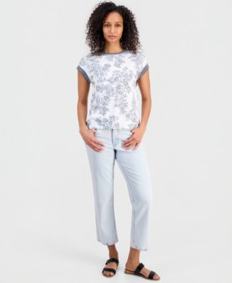 Women's Toile Contrast-Trim Short-Sleeve Top