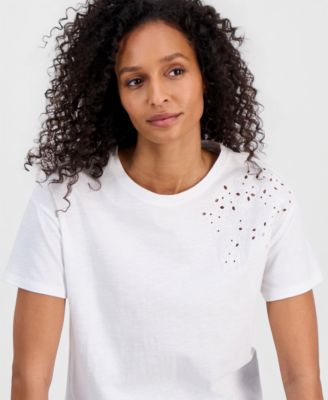 Women's Cotton Solid Embroidered T-Shirt