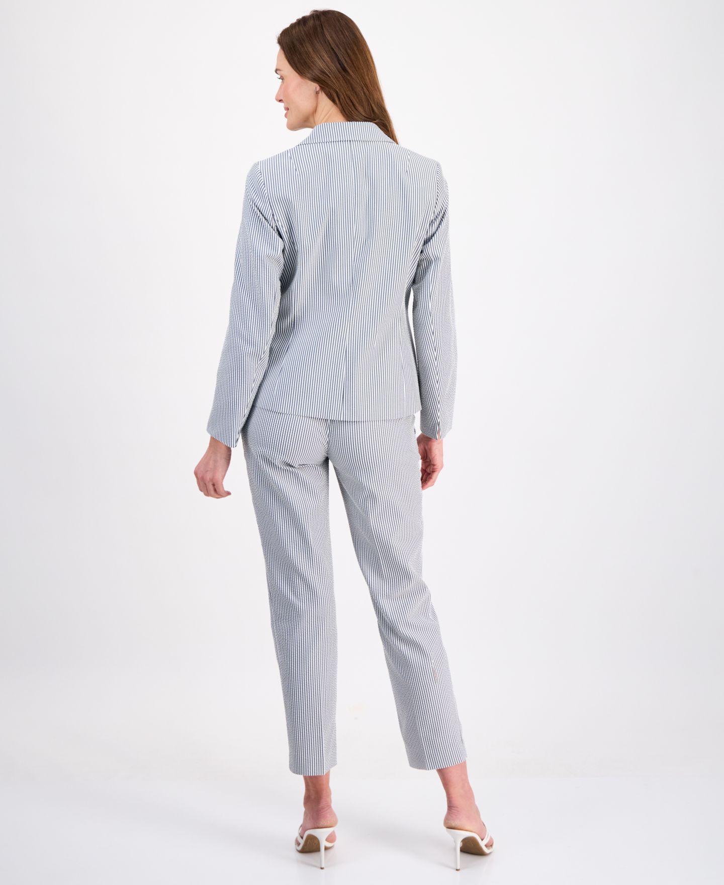 Женские комплекты Le Suit Long-Sleeve Seersucker 2 Piece Pantsuit, цвет: Midnightnvy/Natwhite — фото 3