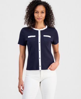 Women's Cotton Cardigan-Look Short-Sleeve Knit Top