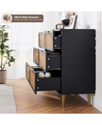 Rattan 6 Drawer Dresser for Bedroom, Long Double Chest with Deep Drawers and Wide Top for Living Room or Kids Room