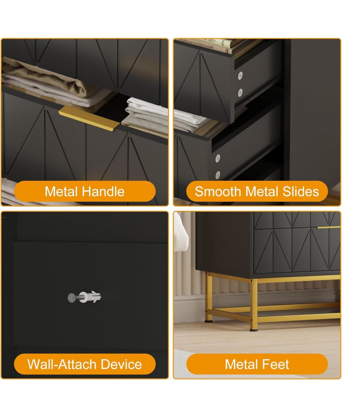 gaomon Black 4 Drawer Dresser with Gold Metal Handles Modern Small Storage Cabine Wooden Chest of Drawers for Bedroom