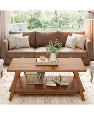 47-Inch Solid Wood Coffee Table, 2-Tier Farmhouse Rectangular Accent Center Cocktail Tea Table with Storage, Rustic Brown