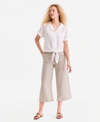 Women's Cropped Wide-Leg 100% Linen Pants