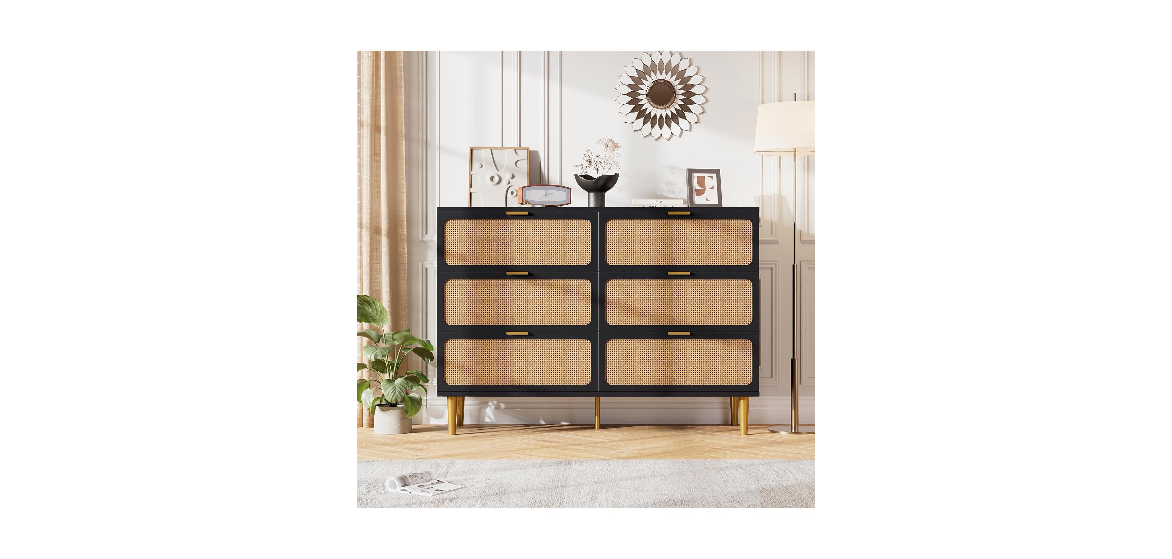 Gaomon Rattan 6 Drawer Dresser for Bedroom, Long Double Chest with Deep Drawers and Wide Top Living Room or Kids