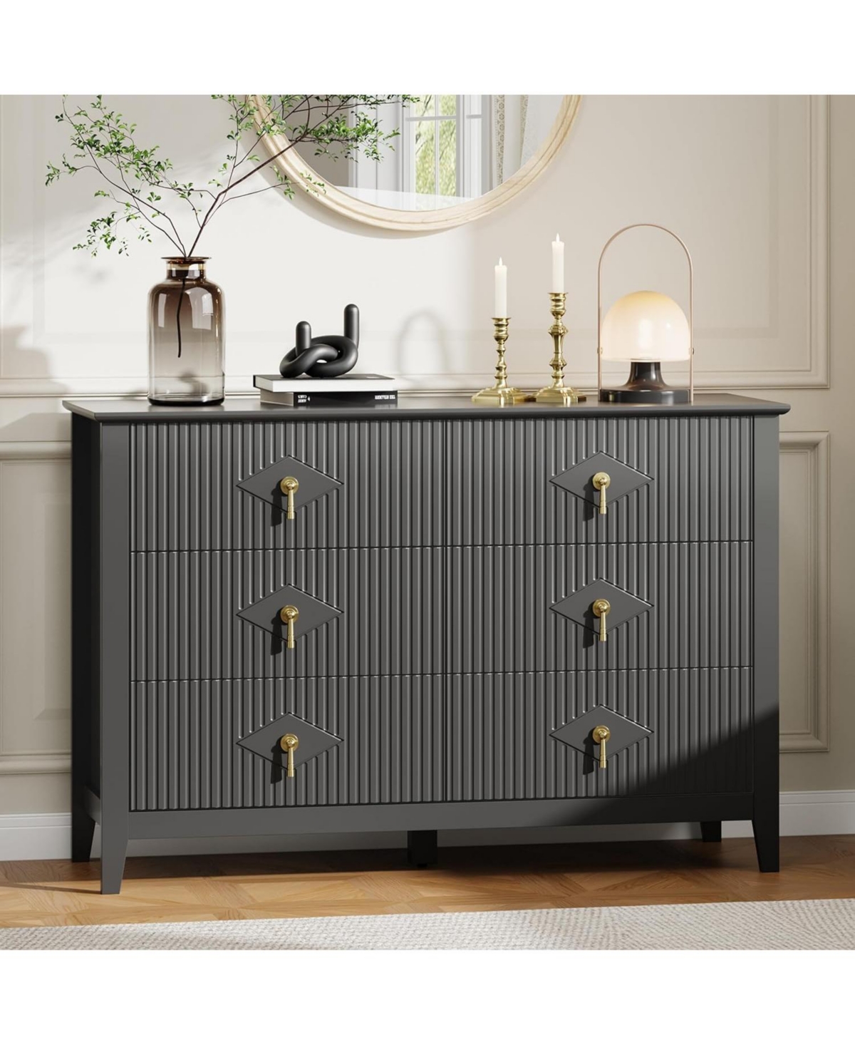 Gaomon Fluted Dresser 47" Wide – 6-Drawer Modern Wood Chest for Bedroom, Stylish Storage Cabinet Living Room, Hallway, or Entryway, Gr