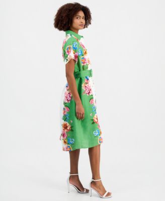 Women's Printed Belted Button-Front Midi Dress