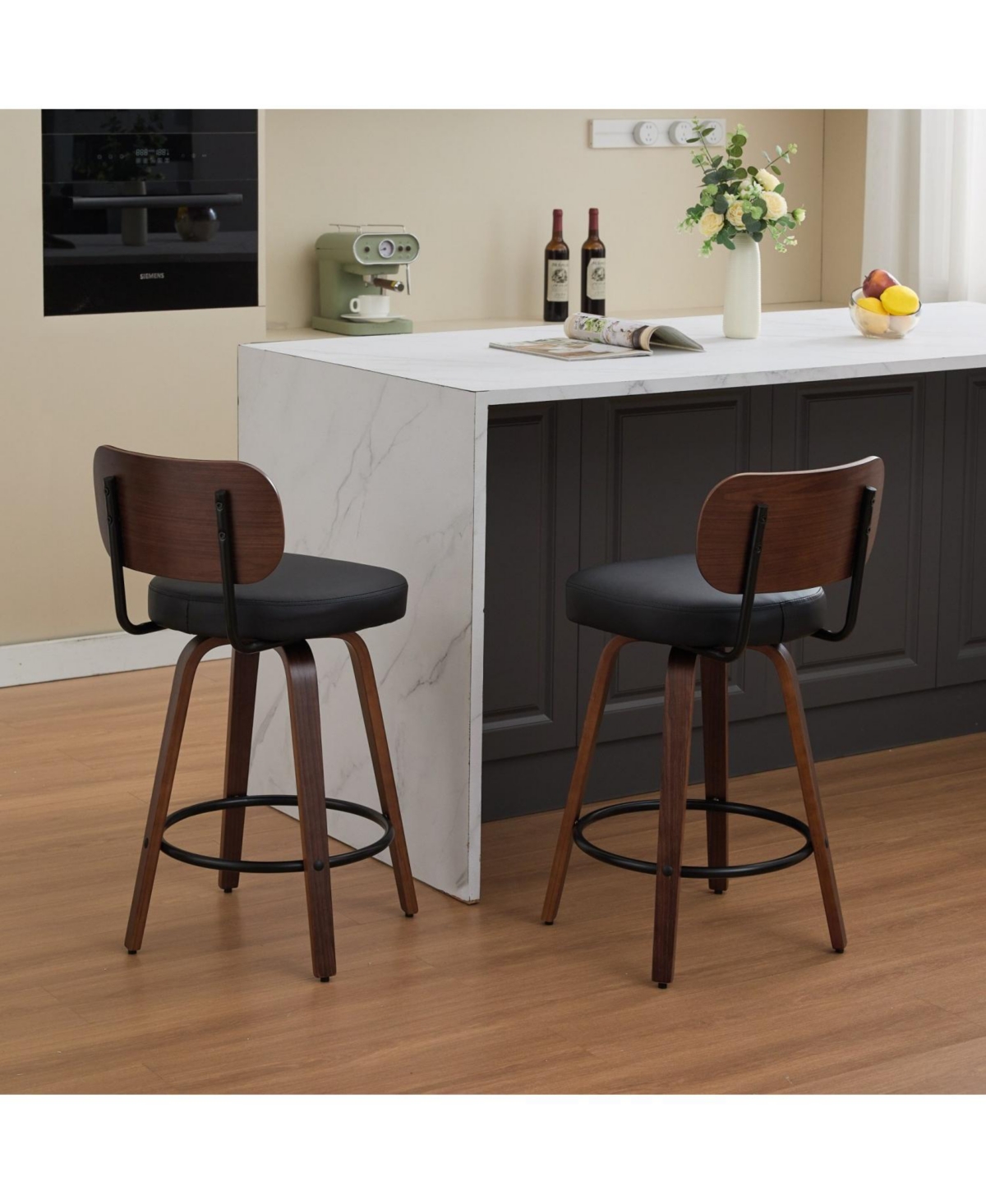 Streamdale Furniture Swivel Bar Stools Set of 2 26" Black Faux Leather Counter Stools