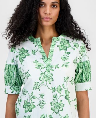 Women's Split-Neck Puffed-Sleeve Top