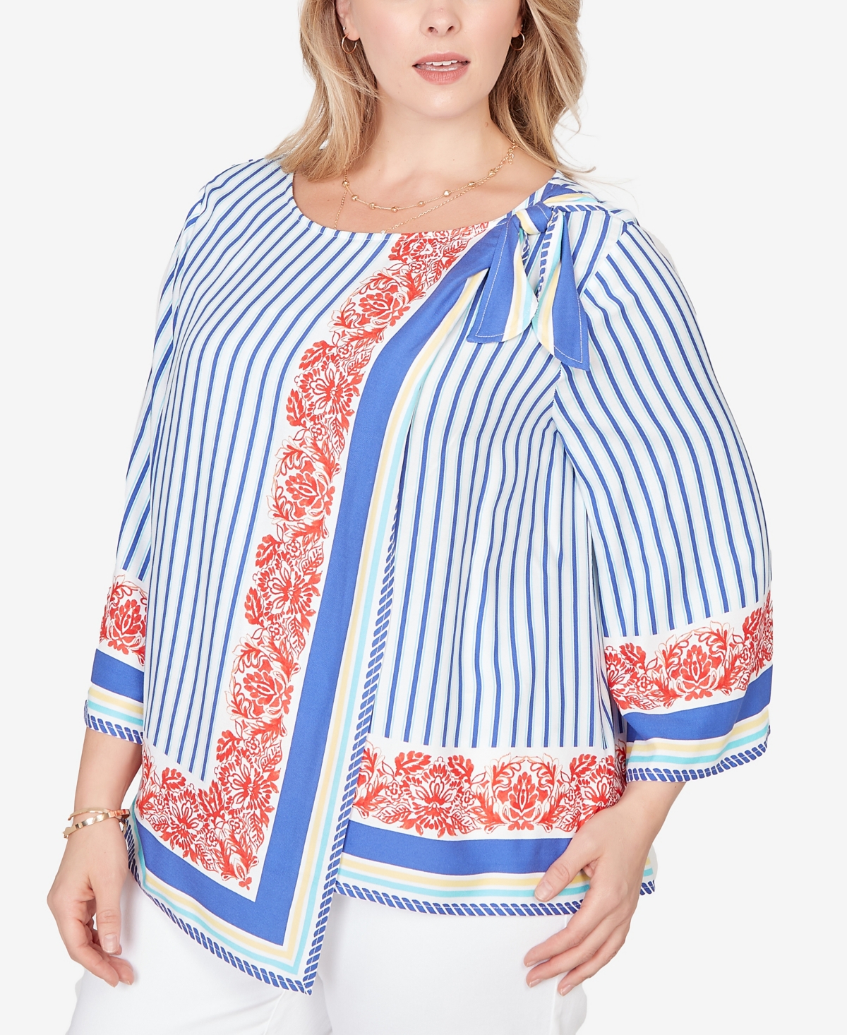 Ruby Rd. Plus Striped Scarf Print Tie Shoulder Top