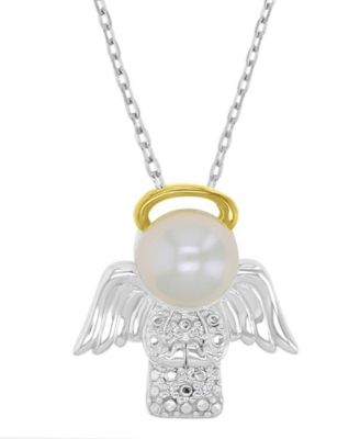 Diamond (0.01 ct. t.w.) & Imitation Pearl Angel Necklace in 14K yellow gold over sterling silver