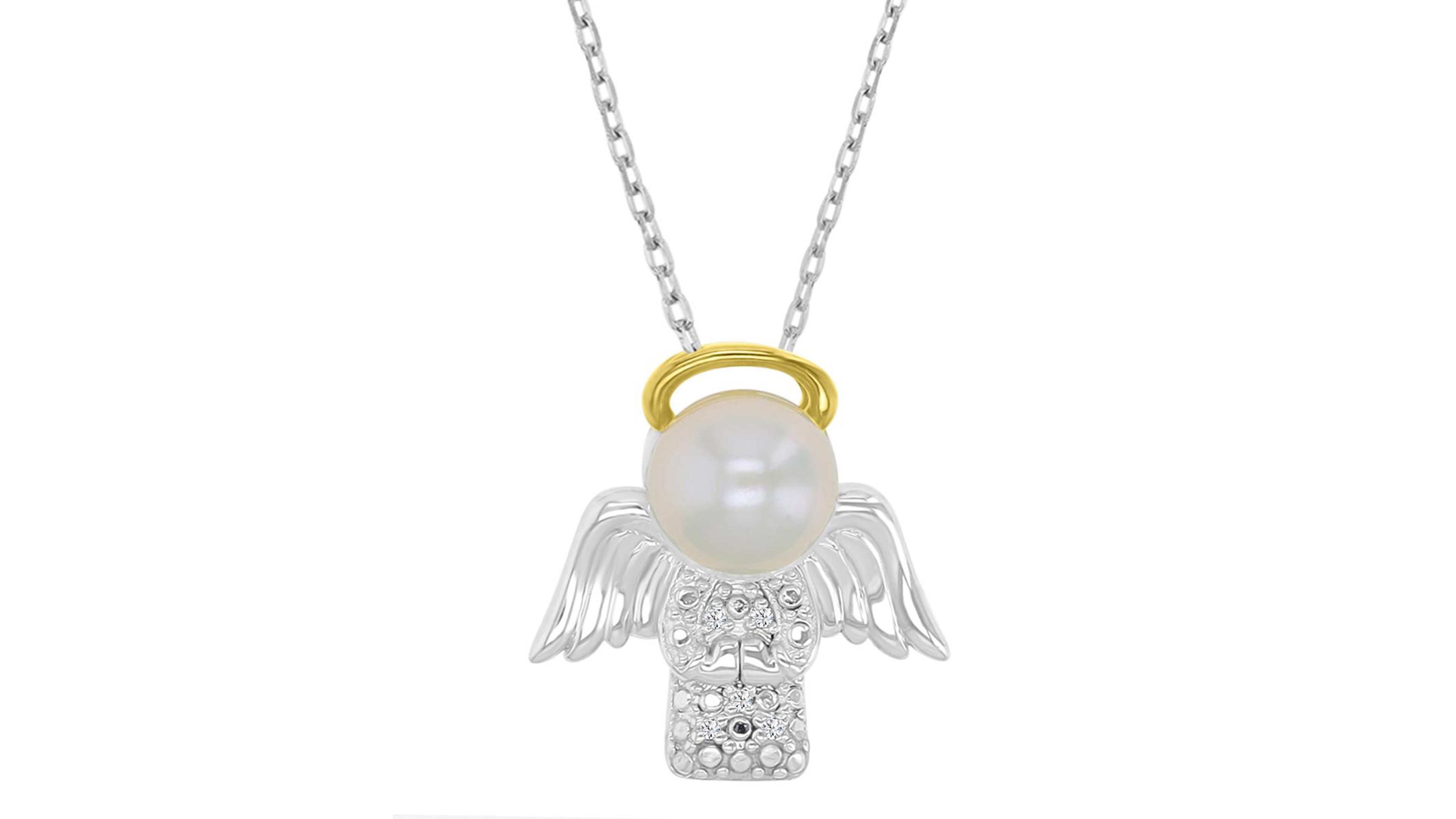 Macy's Diamond (0.01 ct. t.w.) & Imitation Pearl Angel Necklace in 14K yellow gold over sterling silver