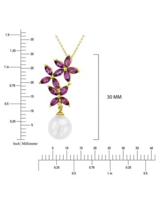 Imitation Pearl , Garnet (1.2 ct. t.w.) and Diamond (0.002 ct. t.w.) Flower Necklace