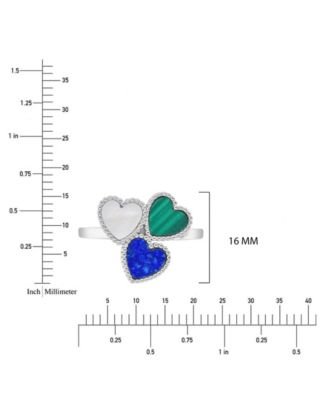 Malachite (0.8 ct. t.w.) Lapis & Imitation Pearl Tri-Hearts Ring Set in Rhodium Over Sterling Silver