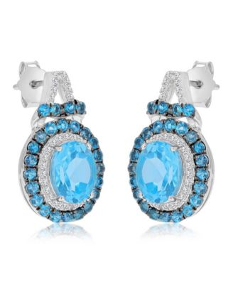 Blue Topaz (1.44 ct. t.w.) & White Sapphire (0.256 ct. t.w.) Oval Earrings in Rhodium Over Sterling Silver