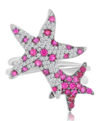 Ruby (0.88 ct. t.w.) & Created Sapphire (0.43 ct. t.w.) Duo Star Fish Ring in Rhodium Over Sterling Silver