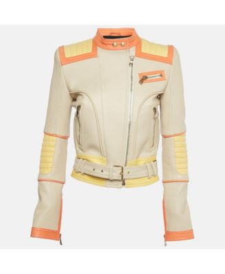 Women's Beige Leather Zip Up Biker Jacket
