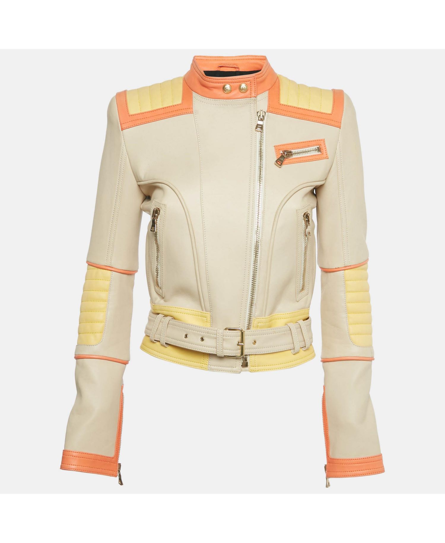 Women's Beige Leather Zip Up Biker Jacket