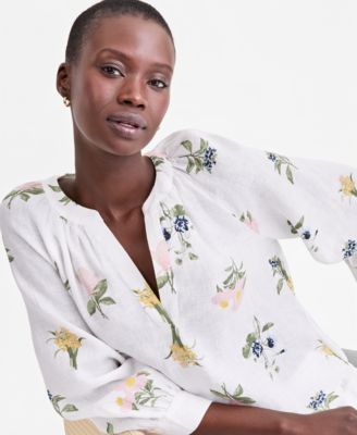 Women's 100% Linen Split-Neck Top