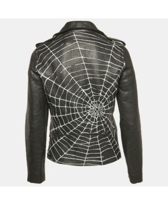 Women's Black Spider Web Print Leather Riders Jacket