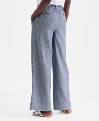 Women's 100% Linen Woven Pleated Wide-Leg Pants