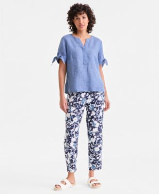Women's 100% Linen Pleated-Front Tapered Pants