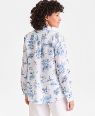 Women's 100% Linen Print Roll-Tab Shirt