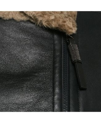 Women's Black Leather Shearling Trimmed Zip-Up Jacket