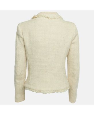 Women's Cream Tweed Ruffled Tie-Up Neck Detail Jacket