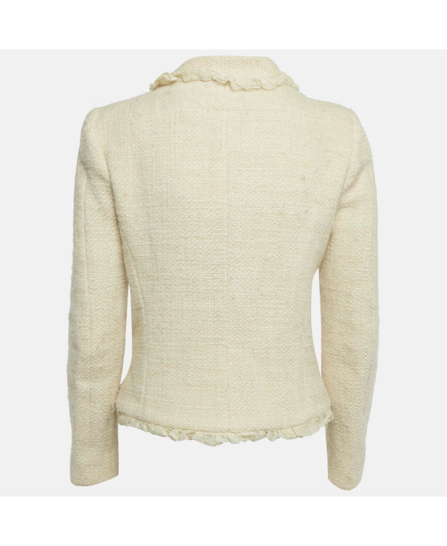 Women's Cream Tweed Ruffled Tie-Up Neck Detail Jacket