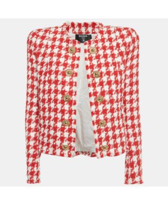Women's Red /white Houndstooth Tweed Open Front Jacket