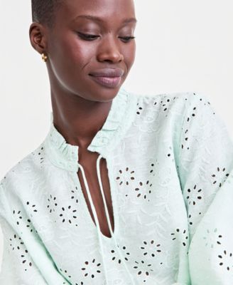 Women's 100% Linen Eyelet-Embroidered Blouson-Sleeve Top