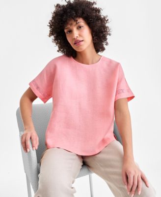 Women's 100% Linen Eyelet-Trim Short-Sleeve Top