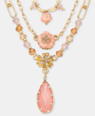 Mixed Stone Flower Layered Pendant Necklace, 16" + 3" extender