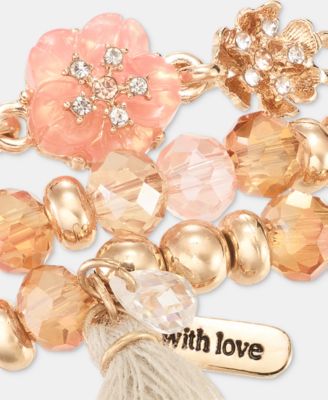 Colored Stone 3 Row Flower Beaded Stretch Bracelet