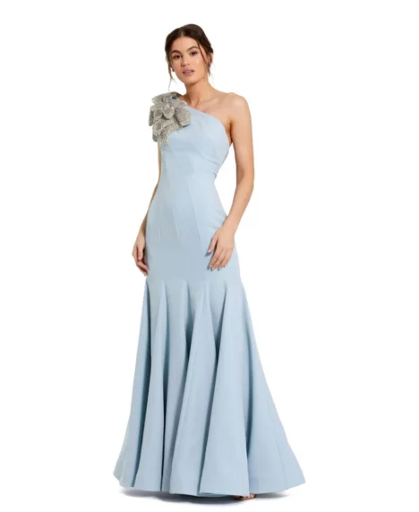 Petite One-Shoulder Gown with Floral Detail - Powder blue