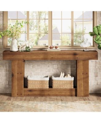 63-Inch Entryway Table, Farmhouse Solid Wood Console Table with U-Shaped Base, 2-Tier Narrow Long Sofa Table Behind The Couch