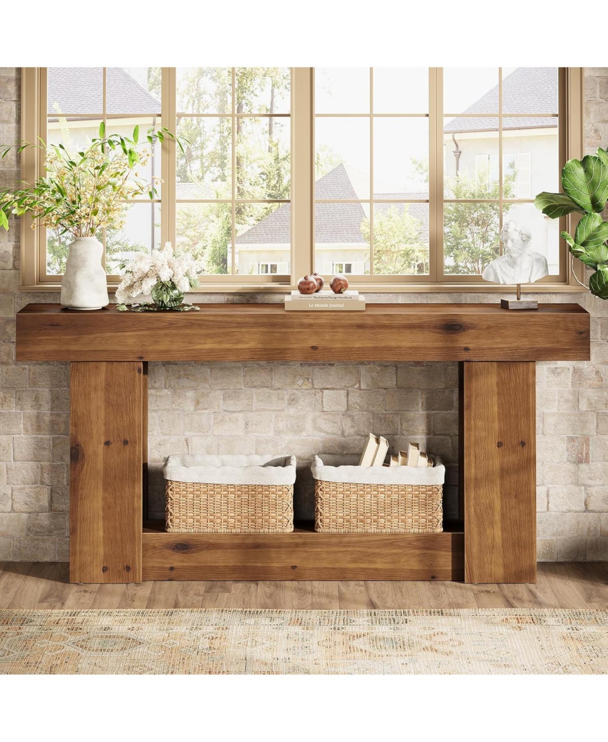 Tribesigns 63-Inch Entryway Table, Farmhouse Solid Wood Console Table with U-Shaped Base, 2-Tier Narrow Long Sofa Table Behind The Couch