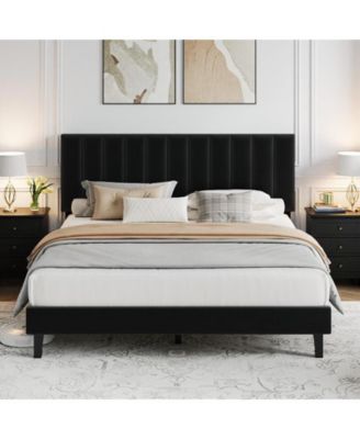 Bed Frame, Velvet Upholstered Platform Bed with Adjustable Vertical Channel Tufted Headboard, No Box Spring Needed, Easy Assembly