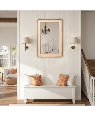 Rounded Rectangle Decorative Wall Mirror, 35" Rubberwood Frame with PU Leather Accent