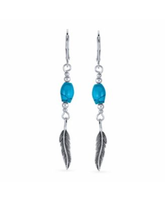 Southwestern Style Turquoise Bead & Feather Leaf Dangle Earrings Oxidized sterling Silver Lever back