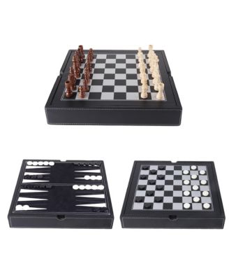 12.5" Premium Leather 3-in-1 Chess, Checker and Backgammon Board Game Combo Set for Kids & Adults