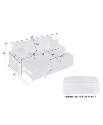 80 Inch Corduroy Sleeper Sofa Bed with Storage Ottoman, Pull-Out Convertible Couch for Living Room or Guest Room