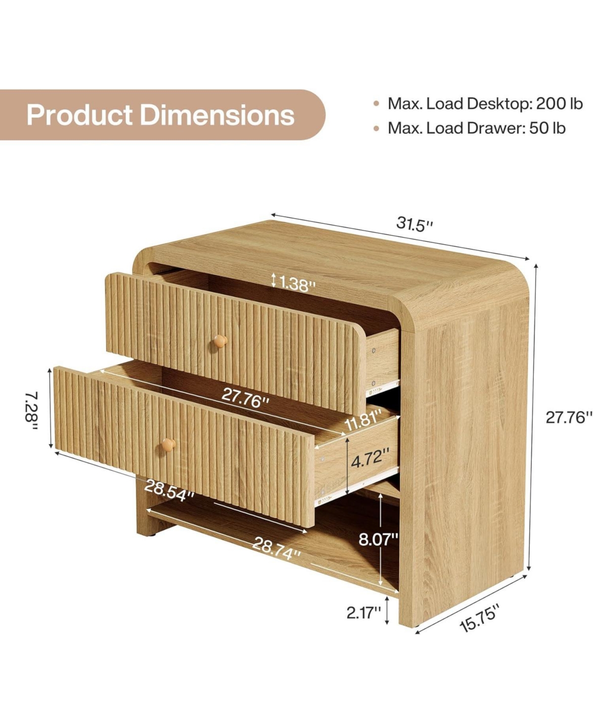 Tribesigns Oversized Nightstand with 2 Drawers Set of 2, 31.5" Large Wide Modern Bedside Table with Open Storage, Big Fluted Night Stand
