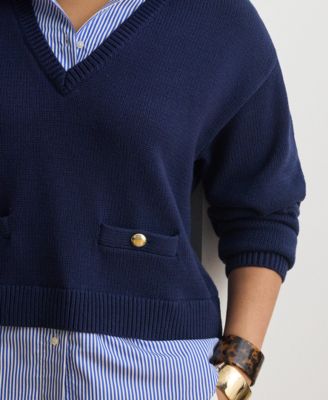 Plus Size Layered Button-Trim Cotton V-Neck Sweater